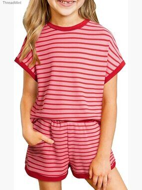 Girls Textured Striped Short Set Size 6-7 Years